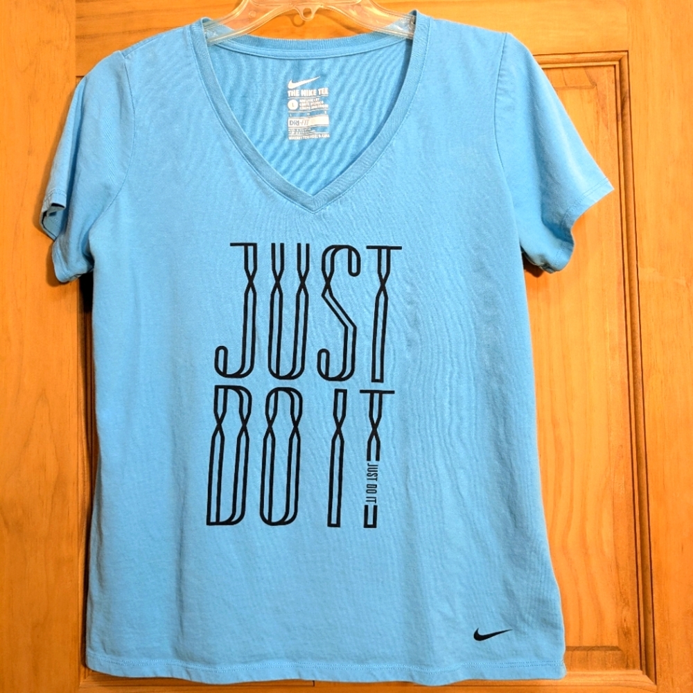 NIKE Womens Just Do It Dri-Fit The Nike Tee Shirt Blue Short Sleeve V-Neck Sz LG